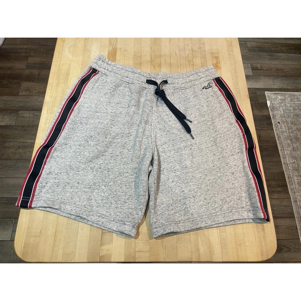 Hollister California Mens Sweat Shorts Heather Grey Black Red Stripe Size M